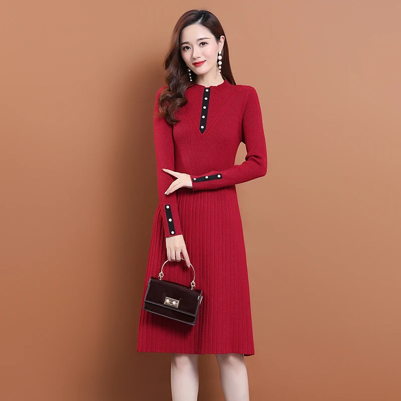 Женское трикотажное платье свитер эластичное с длинным рукавом и высоким