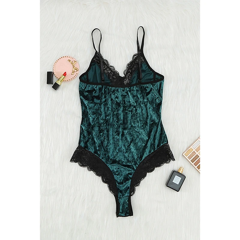 LUCKYFRIDAYF Red Velvet Lace Mesh Stitching Sexy Bodysuit Hollow Out Embroidered Push Up Women Jumpsuit Combinaison Femme L