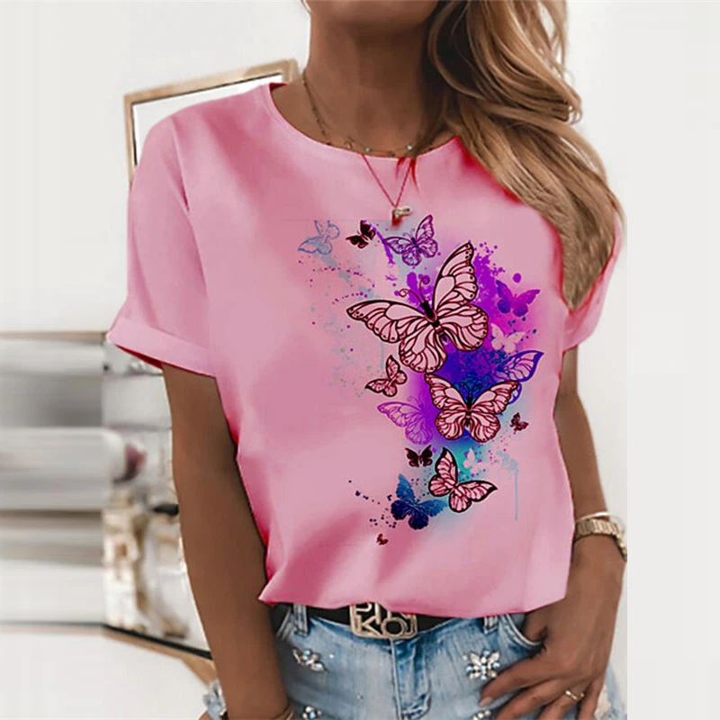 

Fahsion Retro Butterfly Print Women Shirts 2021 Summer Elegant O-Neck Short Sleeve Tops Casual Loose Simple Blusa Streetwear 5XL