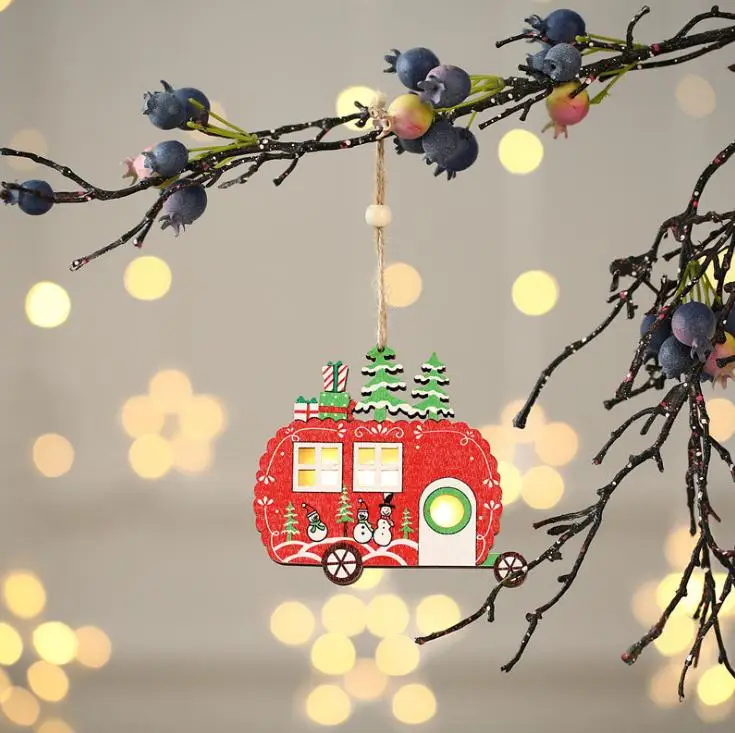 

Christmas Lighted Wooden Ornament Hollow Wooden Glitter Pendant Xmas Tree Car Tree Star Shaped Pendant with LED Light SN3400