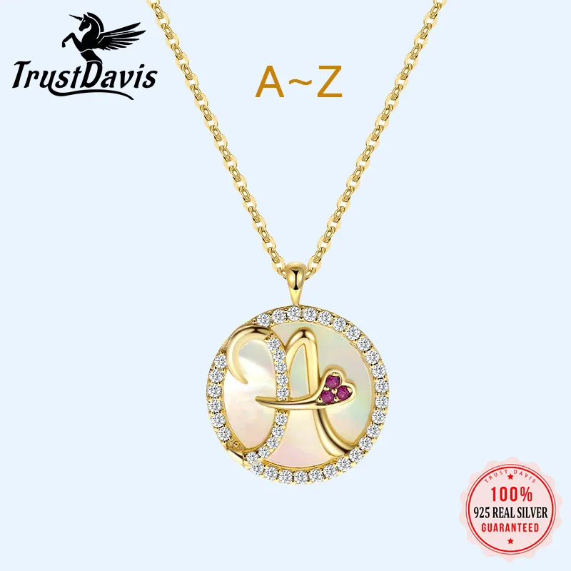 

TrustDavis Luxury 925 Sterling Silver Fashion 26 Gold Shell CZ Letter Pendant Necklace For Women Wedding Party Jewelry DA109