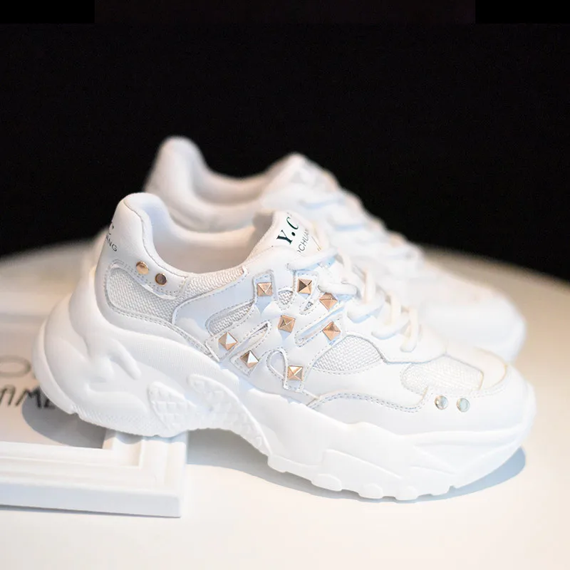 

Casual White Shoes Women Platform Sneakers Rivets Real Leather zapatos de mujer Ladies Chunky footware Thick Bottom Dad Sneaker