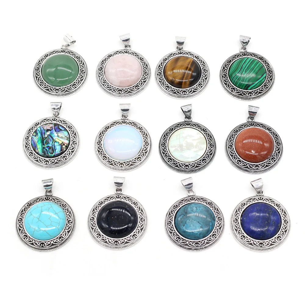 

Natural Rose Quartzs Lapis Lazuli Pendant Vintage Round White Shell Abalone Shell Charms for Jewelry Making DIY Necklace38x42mm