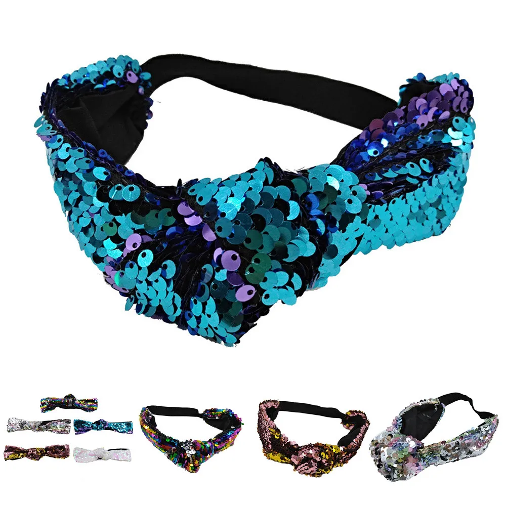 Детская повязка на голову с блестками для девочек однотонная эластичная