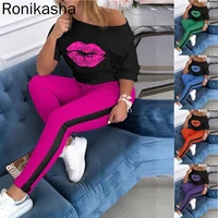 ronikasha women 2 piece set lips print off shoulder tops and jogger sweatpants tracksuit outfits casual sports short sleeve suit