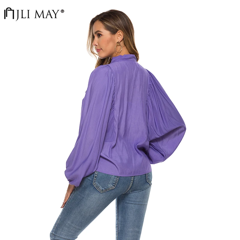 

JLI MAY Women Solid Patchwork Shirts Autumn Winter Elegant Long Sleeved Bowknot Collar Casual Blouse Office Lady
