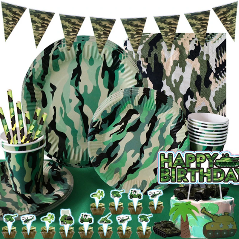 

Camo Party Supplies Tableware Set Military camouflage Disposable Paper Plates Cups Napkins Banner Birthday Party Decorations