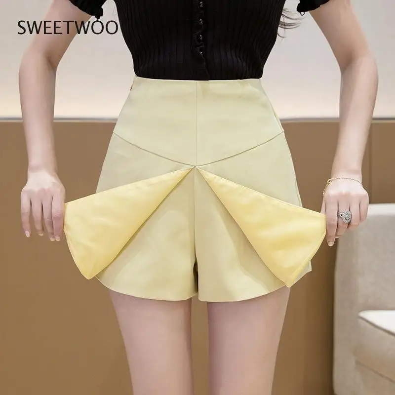 

2021 Summer Korean Woman Shorts Front Slit Skirt Shorts for Women High Waist Wide Leg A-line Short Pants Temperament Suit Shorts