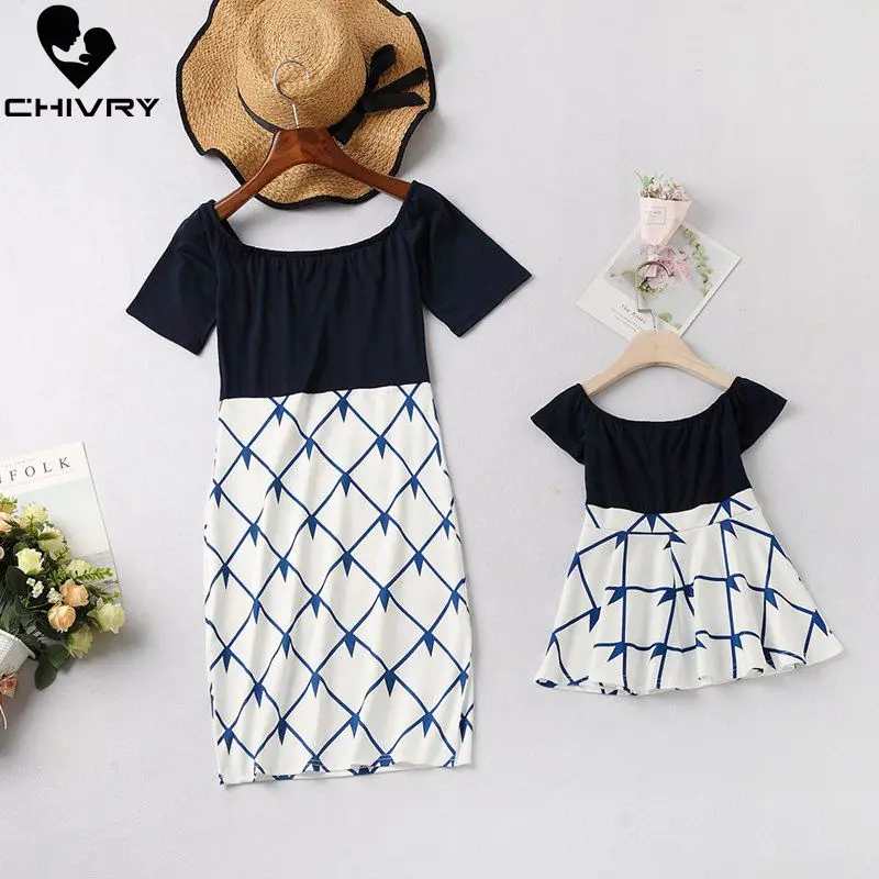 

Chivry Mother Daughter Dresses Fashion Patchwork Slash Neck Off Shoulder Dress Mom and Daughter Dress Family Matching Clothes