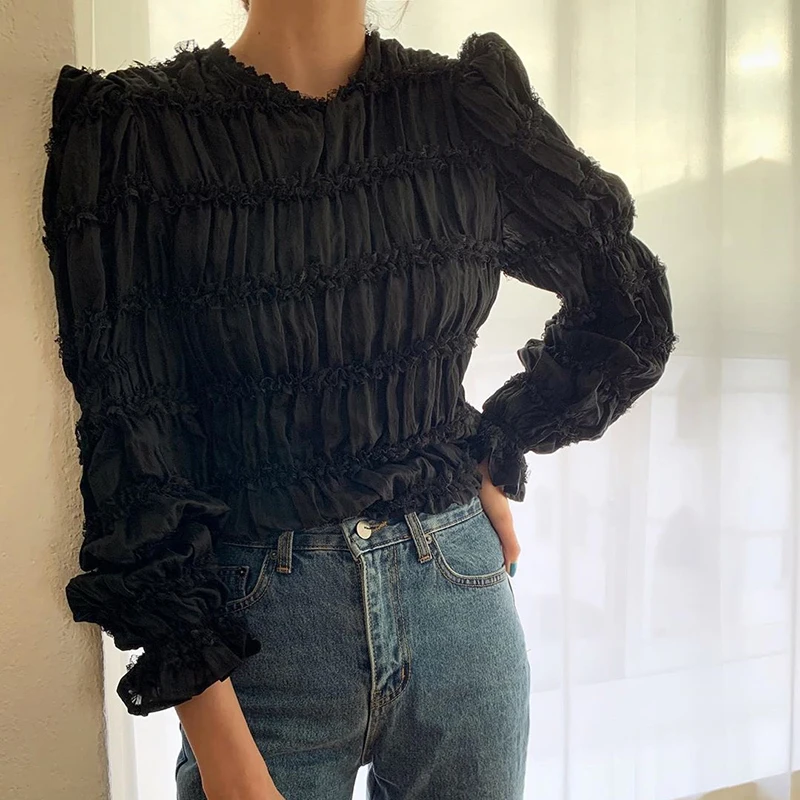 

Women Beige Black Solid Lace Chiffon Patchwork Shirt O-neck Puff Long Sleeve Blouse Ins Top Shirt Spring