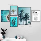 Пляжная зеленая пальма, дельфин, Картина на холсте, скандинавские постеры и принты, настенные картины для декора гостиной