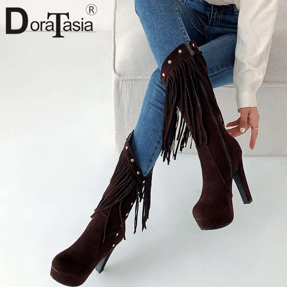 

Brand New Ladies Thick High Heels Round Toe Boots Fashion Fringe Zip Mid-Calf Boots Women Party OL Platform Autumn Shoes Woman