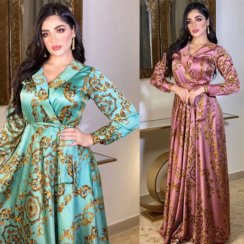 

Siskakia Ethnic Print Maxi Dresses Fall 2021 Imitation Silk Satin Abaya Middle Eastern Turkey Arabic Oman Muslim Women Clothes