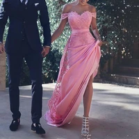 elegant pink muslim evening dresses 2020 sweetheart off shoulder lace appliques islamic dubai saudi arabic long prom party gowns