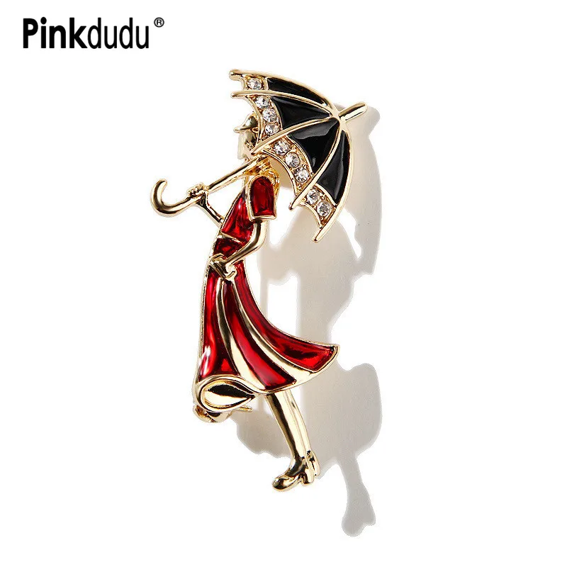 

Pinkdudu Red Dress Girl Brooch for Women Unisex Rhinestone Vintage Umbrella Handsome Lady Party Casual Brooch Pin Gifts PD052