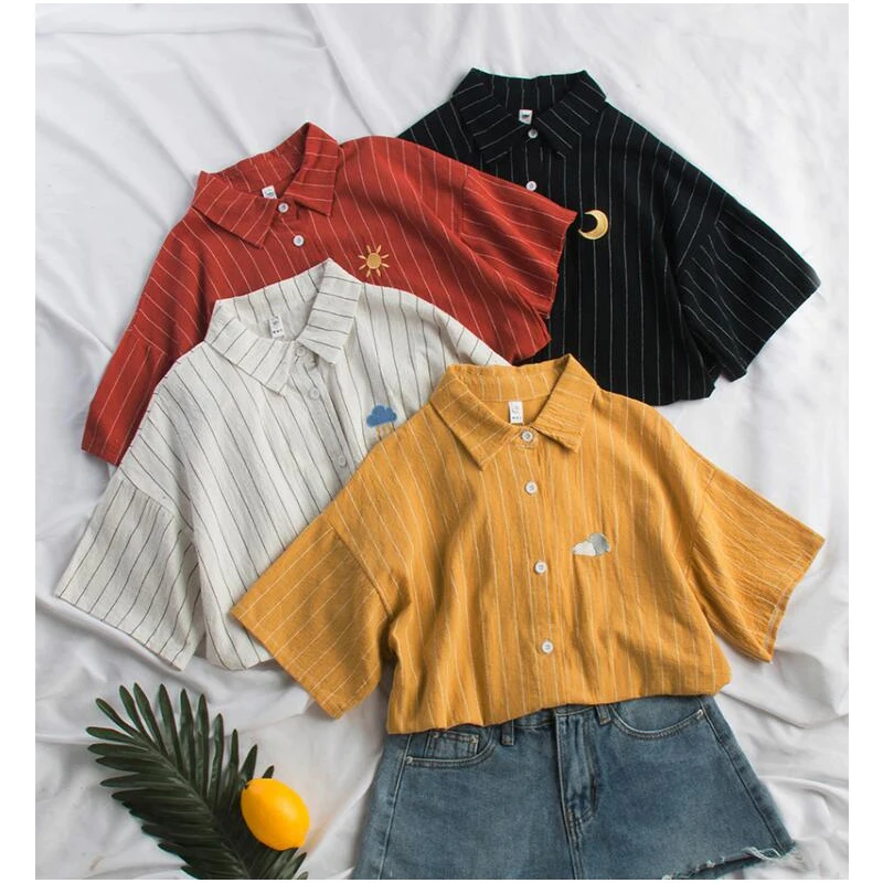 2019 Женская полосатая блузка в стиле каваи с вышивкой Луны корейские женские топы