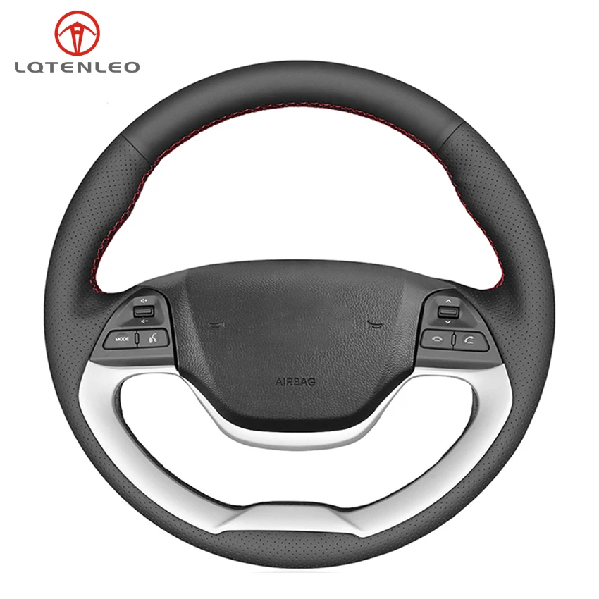 LQTENLEO-Funda de cuero Artificial para volante de coche, cosido a mano, color negro, para Kia Morning 2011-2016 Picanto 2011-2015 Ray 2012-2018