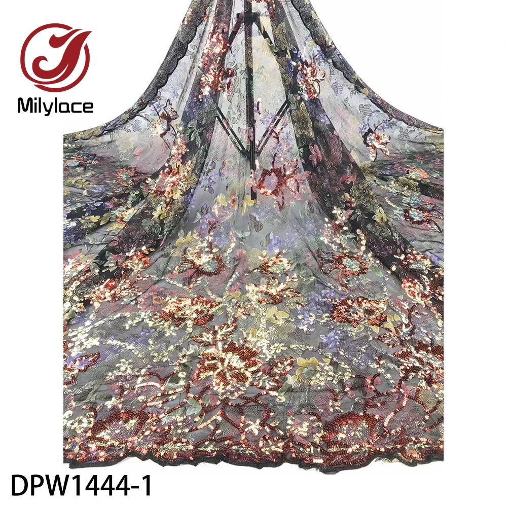 

Milylace Delicate Embroidery Tulle Lace Fabric 5 Yards African French Lace Fabric with Shiny Sequins for Party Wedding DPW1444