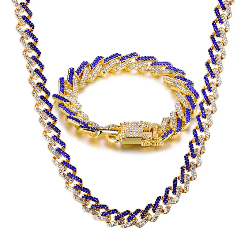 Gold and Blue Хип-хоп, 1 комплект, 13 мм, Bling Iced Out, циркон, кубинский, полный, проложить горный хрусталь, мужской браслет, ожерелье Золотое серебро для Мужчин, Ювелирные изделия - Окраска металла: Gold and Blue