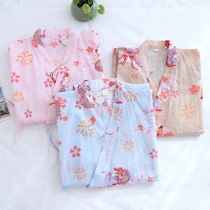 

Women's Japanese Style Nine-quarter Sleeve Woven Cotton Double-layer Gauze Nightgown Spring Sweat-absorbent Bathrobe Nightdress