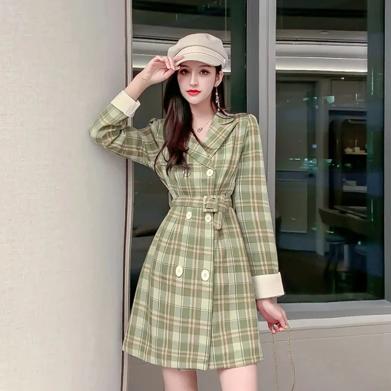 

Women's Vintage Dress Plaid Notched Collar Double Breasted Sash High Waist Mini A-Line Dresses Above Knee Spring Autumn 2021