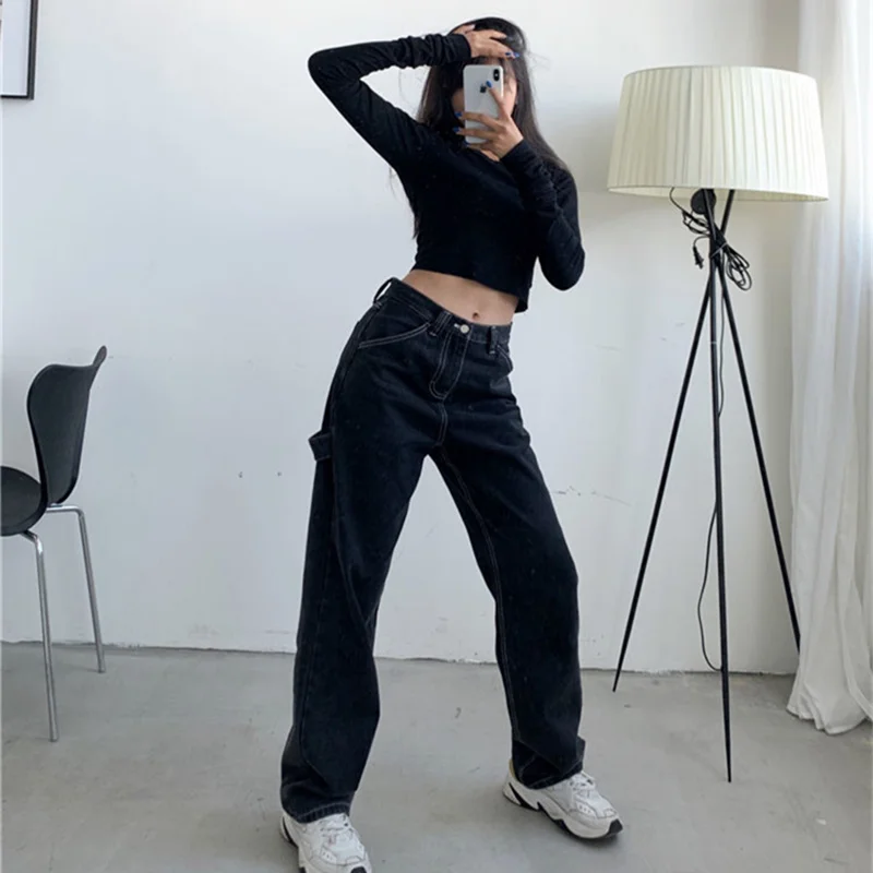 

Autumn Vintage Women Jeans Streetwear High Waist Boyfriend Black Wide Leg Mom Woman Jeans Straight Denim Pants