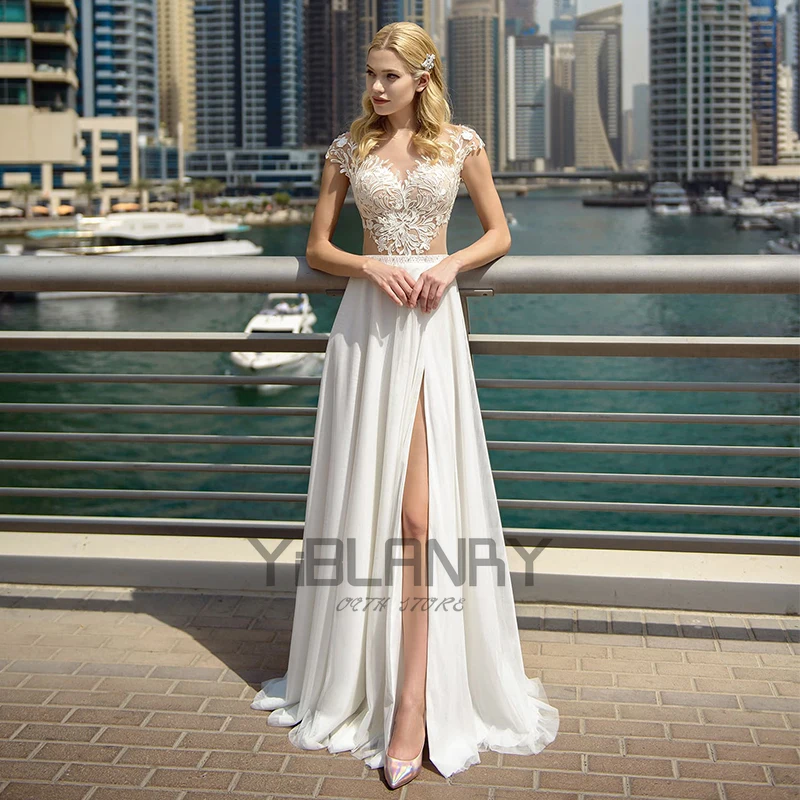 

YILIBERE Lace Wedding Dress Short Sleeve O-Neck Plus Size Luxury Lace Appliques Tulle Cathedral Train Robe Fluffy skirt