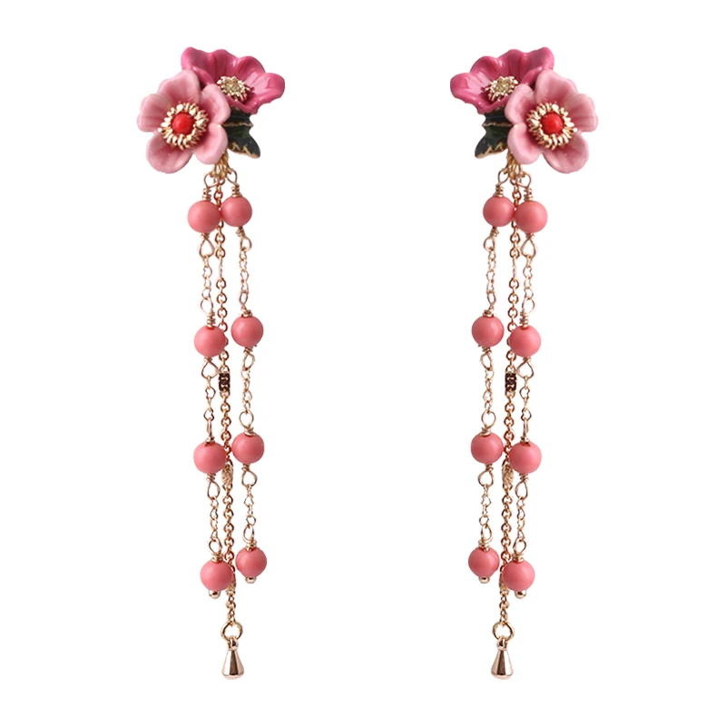 

is Gao Gan rural double pink flowers joker set auger only beautiful pearl earrings long tassels eardrop female earrings
