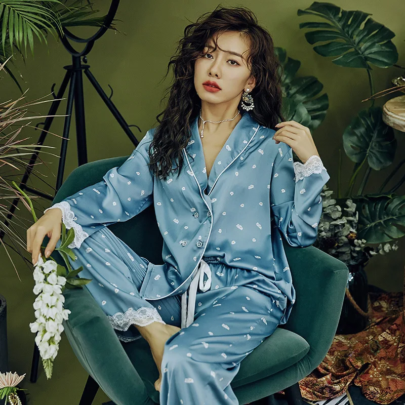 

Simple Style Lady Pajamas Set Print Dot Long Sleeve Sleepwear 2 PCS Shirt&pant Silky Casual Bathrobe Home Clothes Soft Nightwear