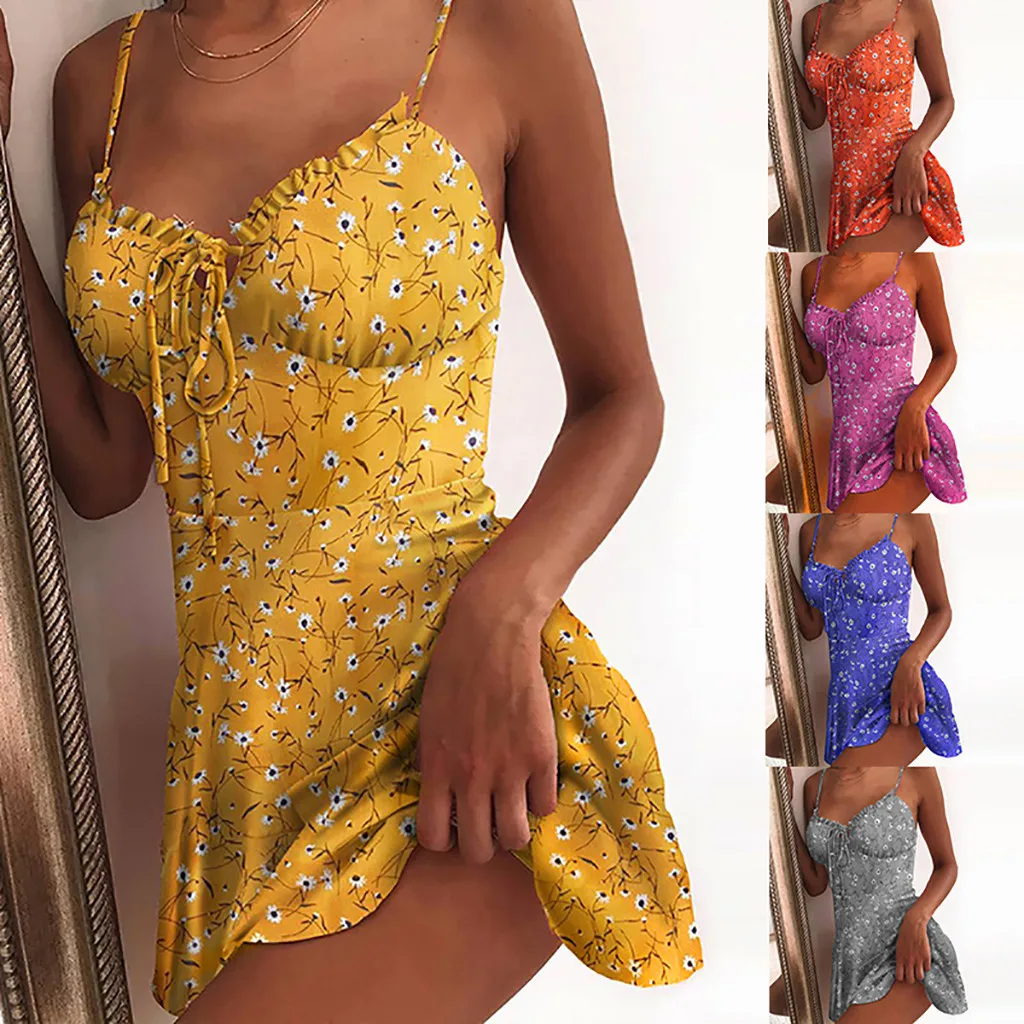 Летнее платье для девочек женщин на подтяжках Мини платья 2020 Boho Цветочный принт