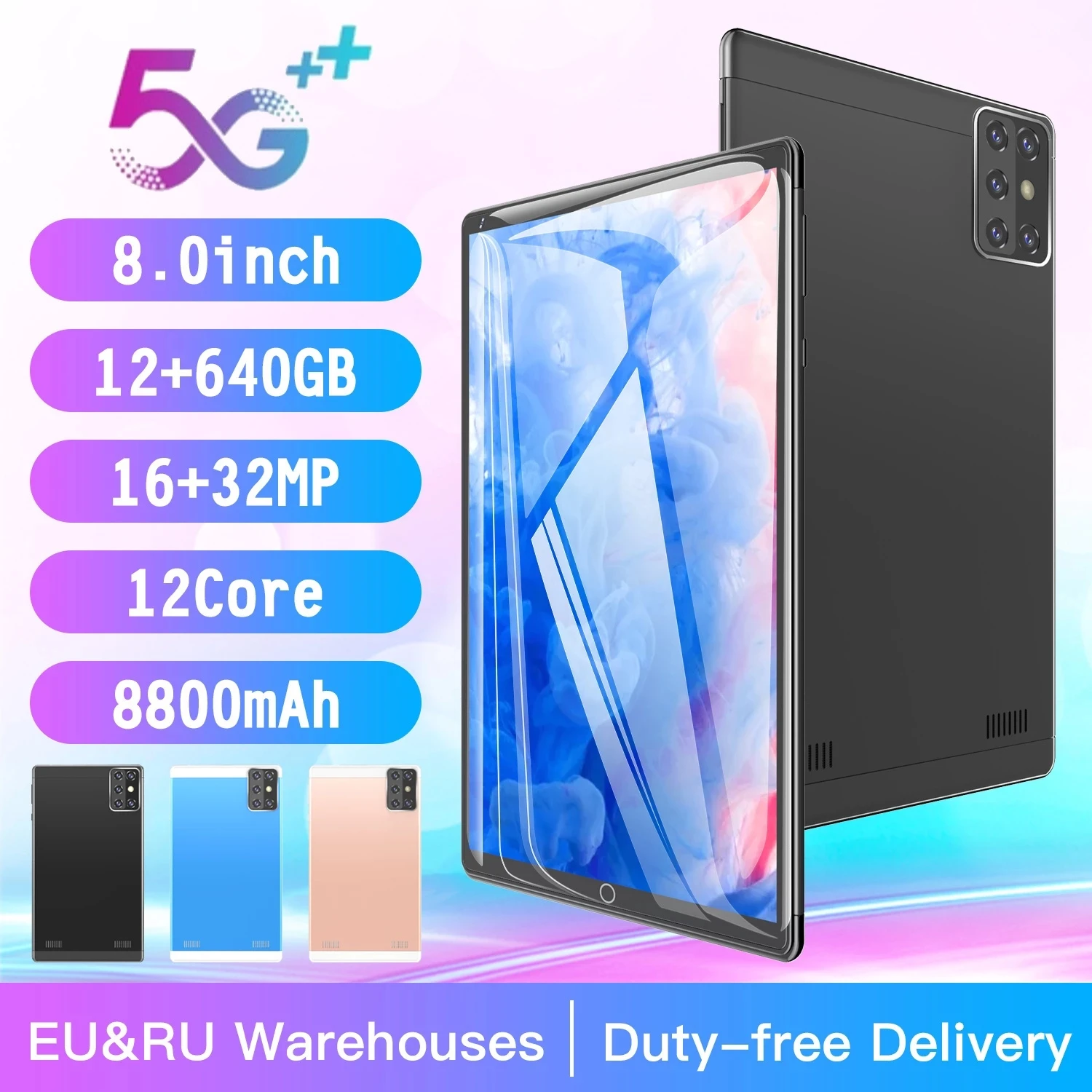 

8.1 inch Tablet Android 9.0 8GB RAM 128GB ROM UNISOC T618 Octa Core 8MP Camera Bluetooth 5.0 4G Phone Call WiFi