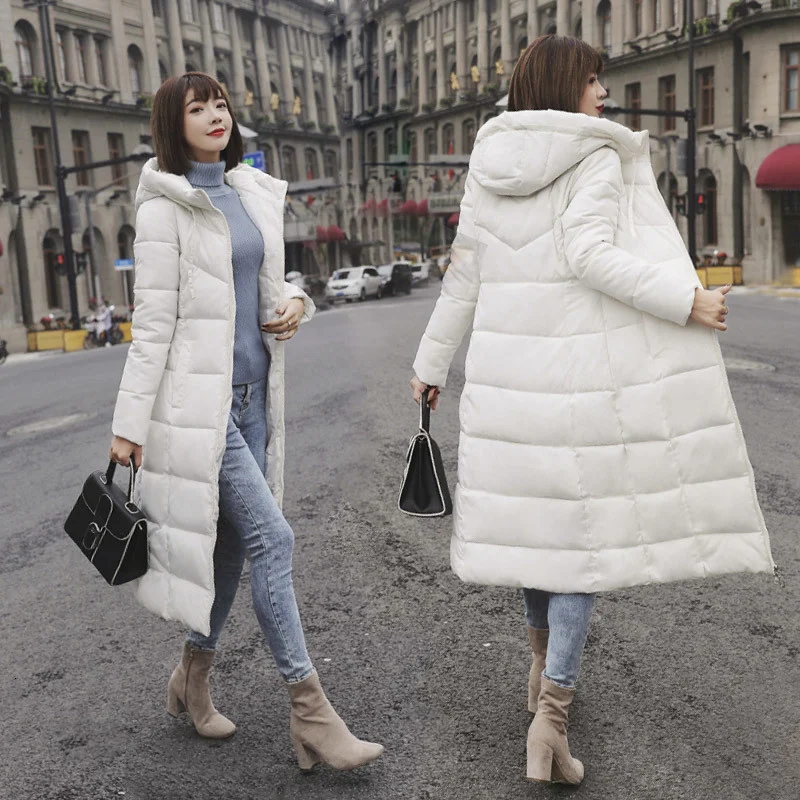 

SHZQ Femme Hiver Outer Wear Slim Overcoat Women Winter Thick Down Jacket Long Coat Female Zipper Hooded Bread Parka Manteau