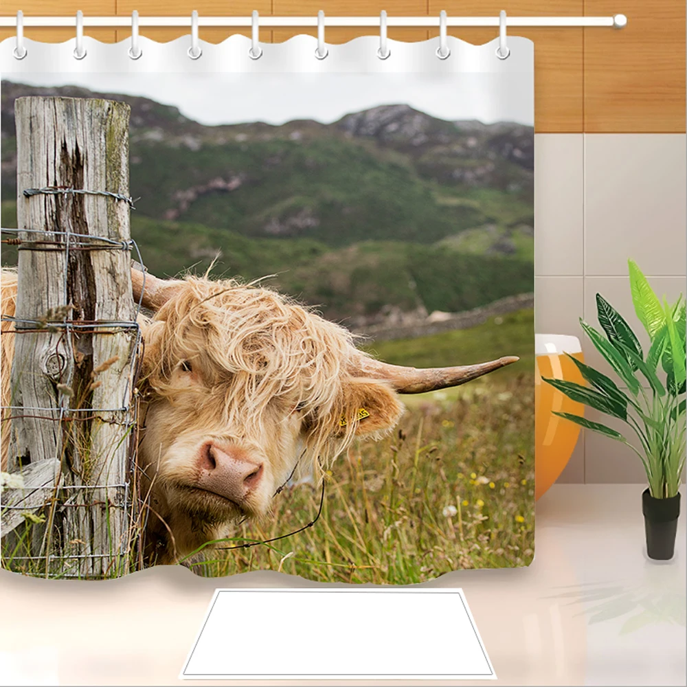 Highland Cow 3D Print Shower Curtain Polyester Fabric Bathroom Waterproof Hook Bath 02 | Дом и сад