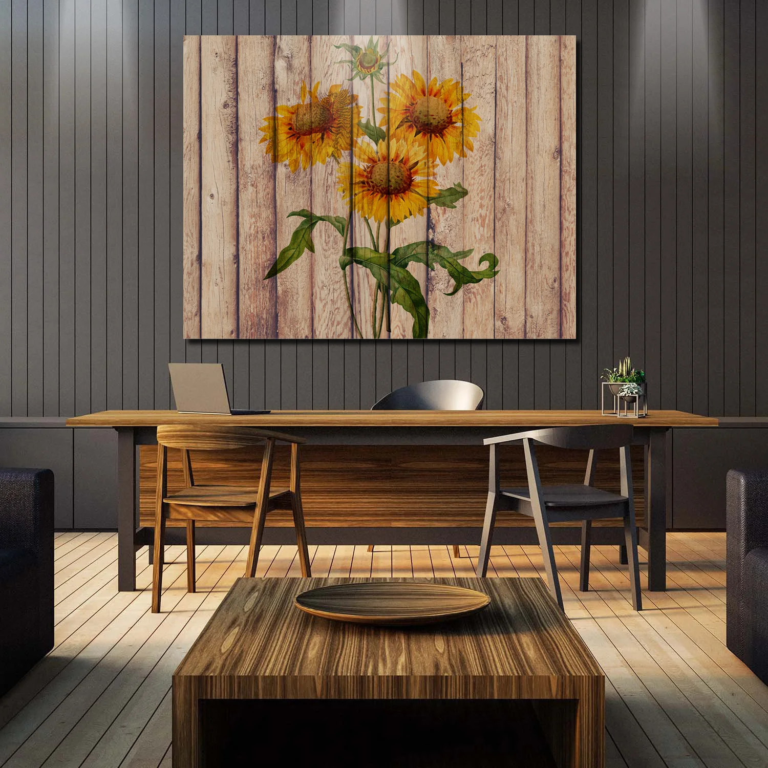 DIY картина по номерам фотографии Подсолнухи в деревенском стиле Вуд Холст