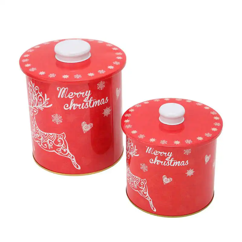 

Christmas Candy Tin Portable Round Candy Storage Box Alloy Red Multifunctional with Cover for Home