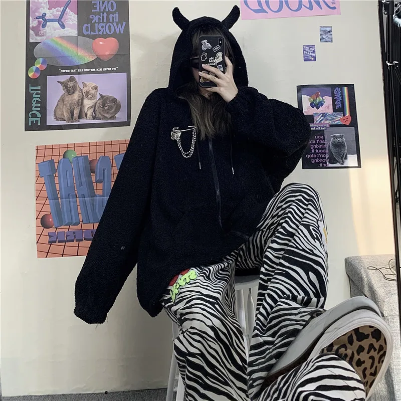 Ruibbit/осенне зимняя женская Толстовка Harajuku в стиле панк готика черный дьявол