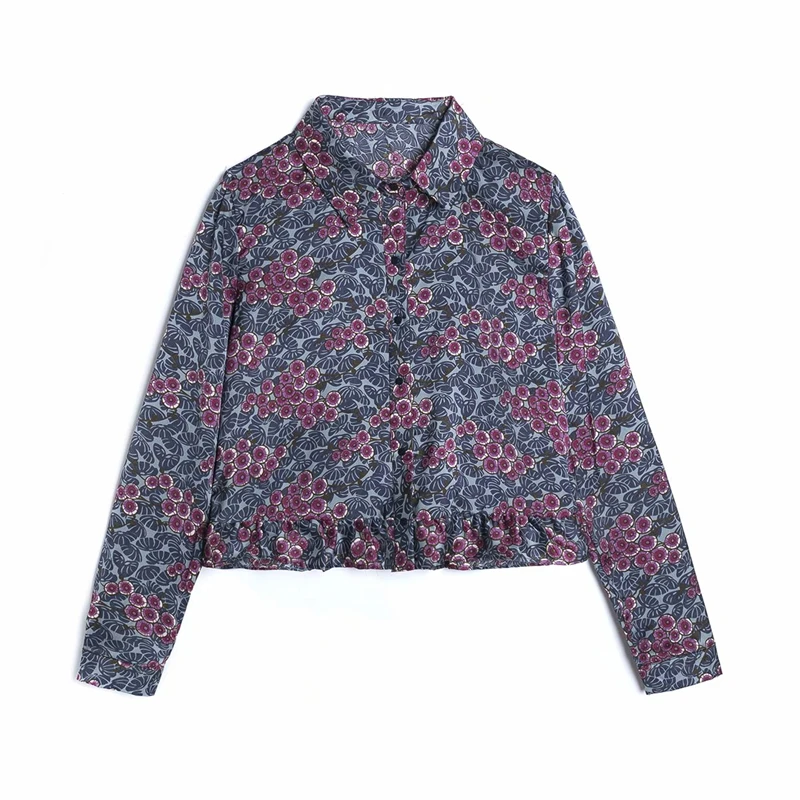 

ZXQJ Vintage Women Fruits Print Shirts 2021 Fashion Ladies Turn Down Collar Tops Streetwear Female Chic Ruffles Blouses