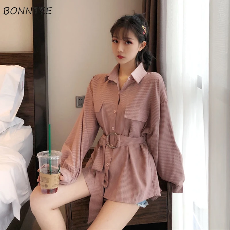 

Shirts Women Belt Plus Size 3XL Loose Turn-down Collar Long Sleeve Korean Style All-match Defined Waist Ribbed Loose Tops Trendy