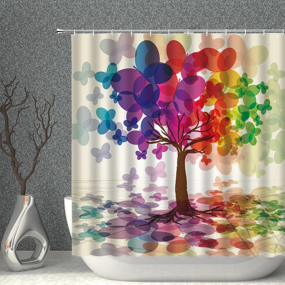 

Tree Shower Curtain Hand-Painted Colorful Abstract Pattern Household Decoration Waterproof Polyester With Hooks Bathroom Screen