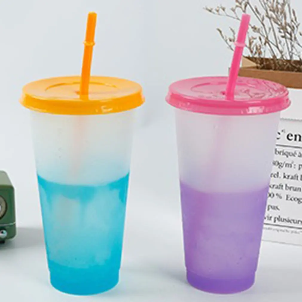 

7 Pieces Portable Color Changing Cups With Lid Straws Plastic Bulk Reusable Cups For Adults And Kids