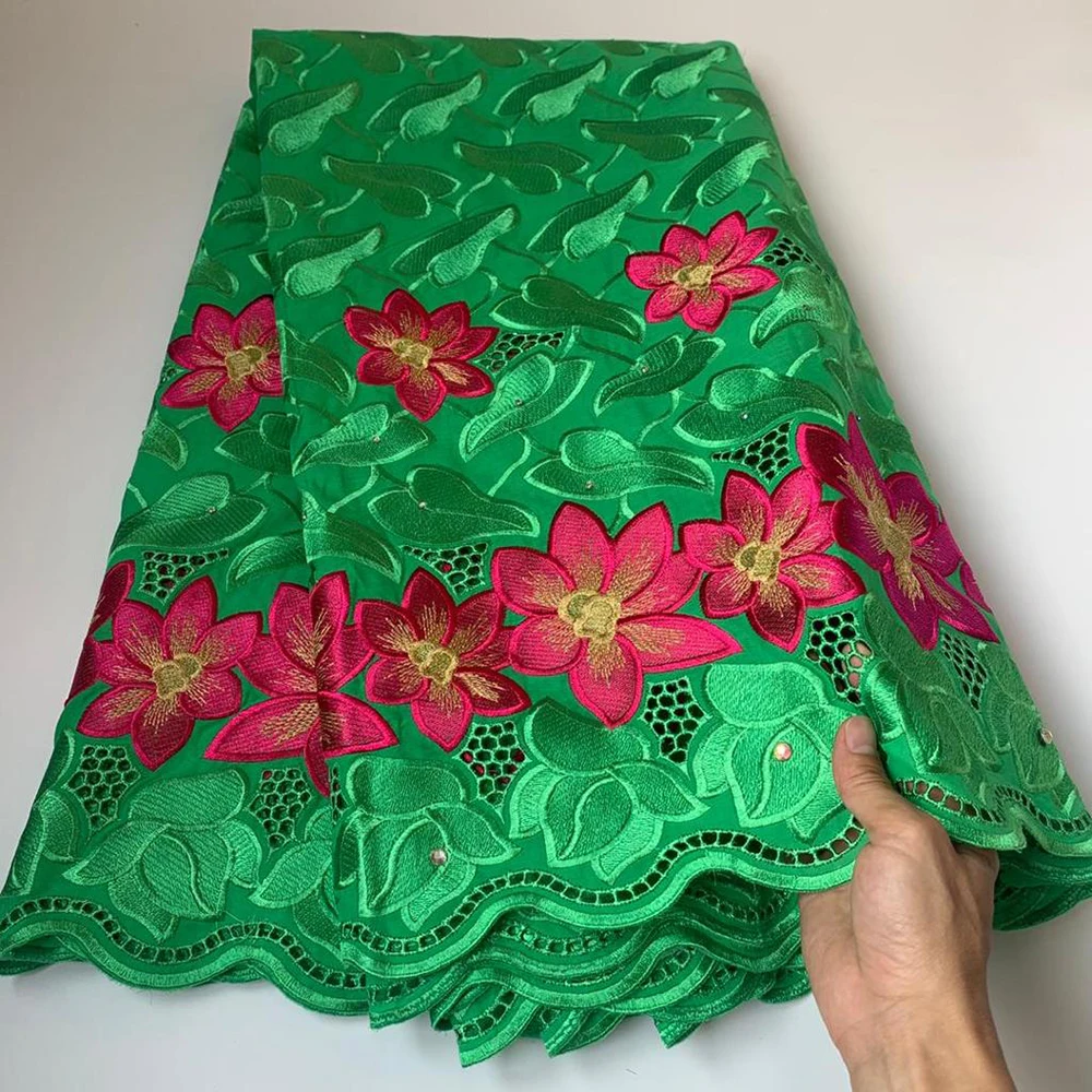 

2021 High Quality Green African Swiss Voile Lace Fabric Embroidery Stone Dry Cotton Material Nigerian Wedding Party Dress Sewing