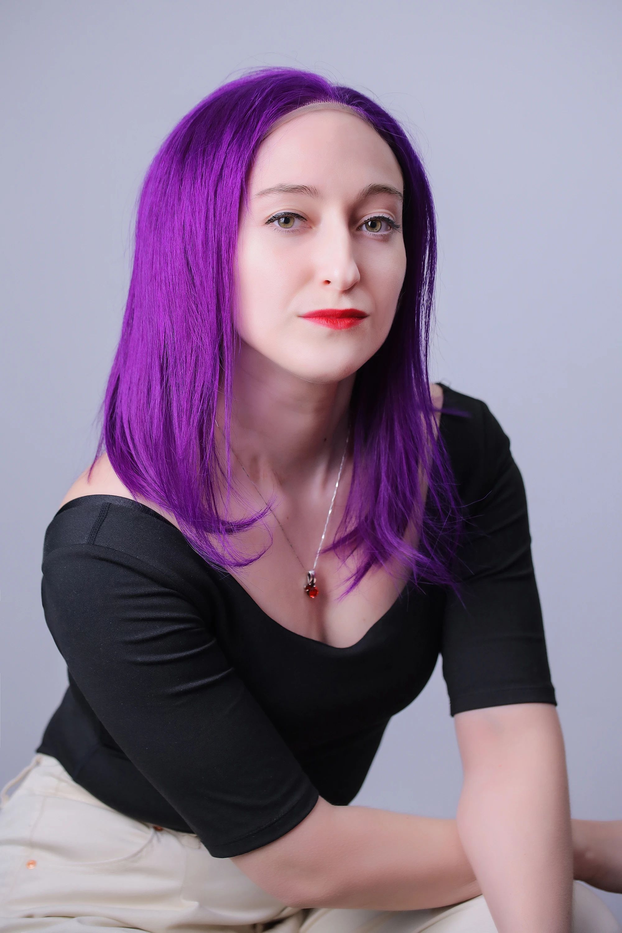 

14 Inch 13*4 Purple Human Hair Lace Frontal Wig 130% Density Brazilian Straight Human Hair Lace Front Wigs with body Hair