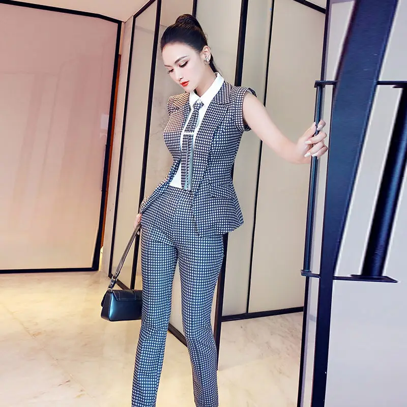 

2021 Summer Women's Sleeveless Suit Fashion Plaid Overalls Office Ladies Jacket Trousers Suit