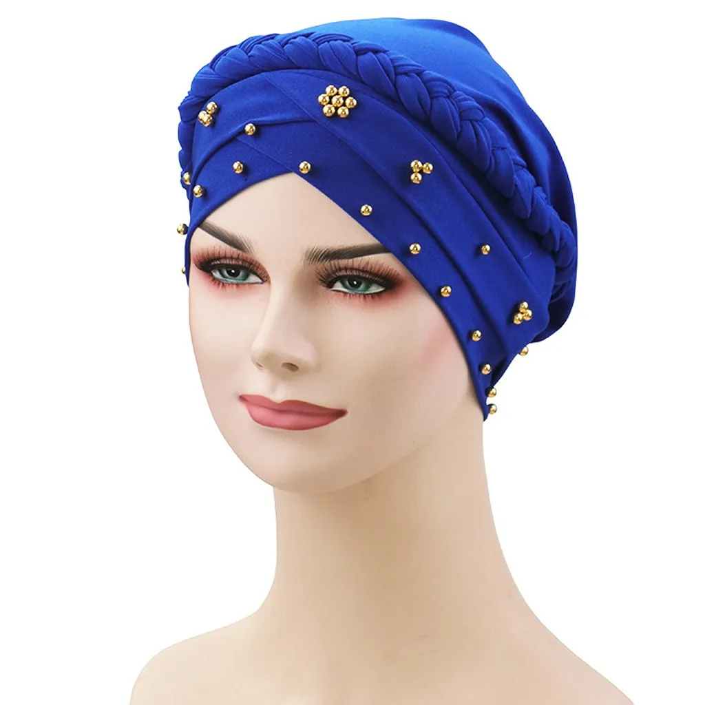 

Pearl Braid WomenBeanies Indian Muslim Stretch Western Style Female Turban Fashion Vintage Outdoor Beach Breathable Ladies Cap