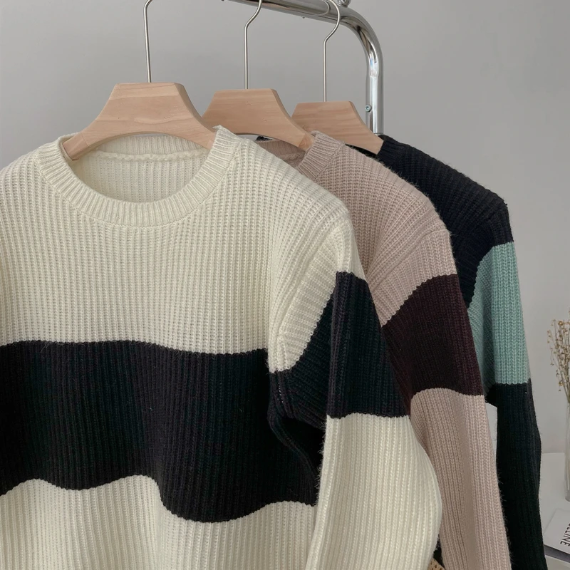 

Autumn Winter Women Sweater Full Sleeve O-neck Pullover Striped Color-blocked Casual Viintage Loose Female Jumpers Tops 2021