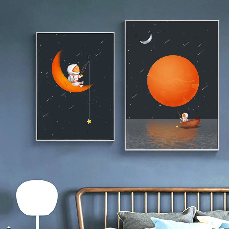 Modern Cartoon Space Wall Printing for Children Bedroom Living Room Decorative Crystal Porcelain Glass Painting Aluminum Frame