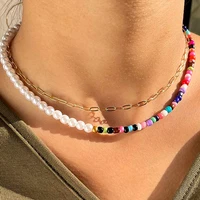 handmade rainbow seed beads pearl asymmetry choker necklaces for women retro metal clavicle chain short necklaces female jewelry