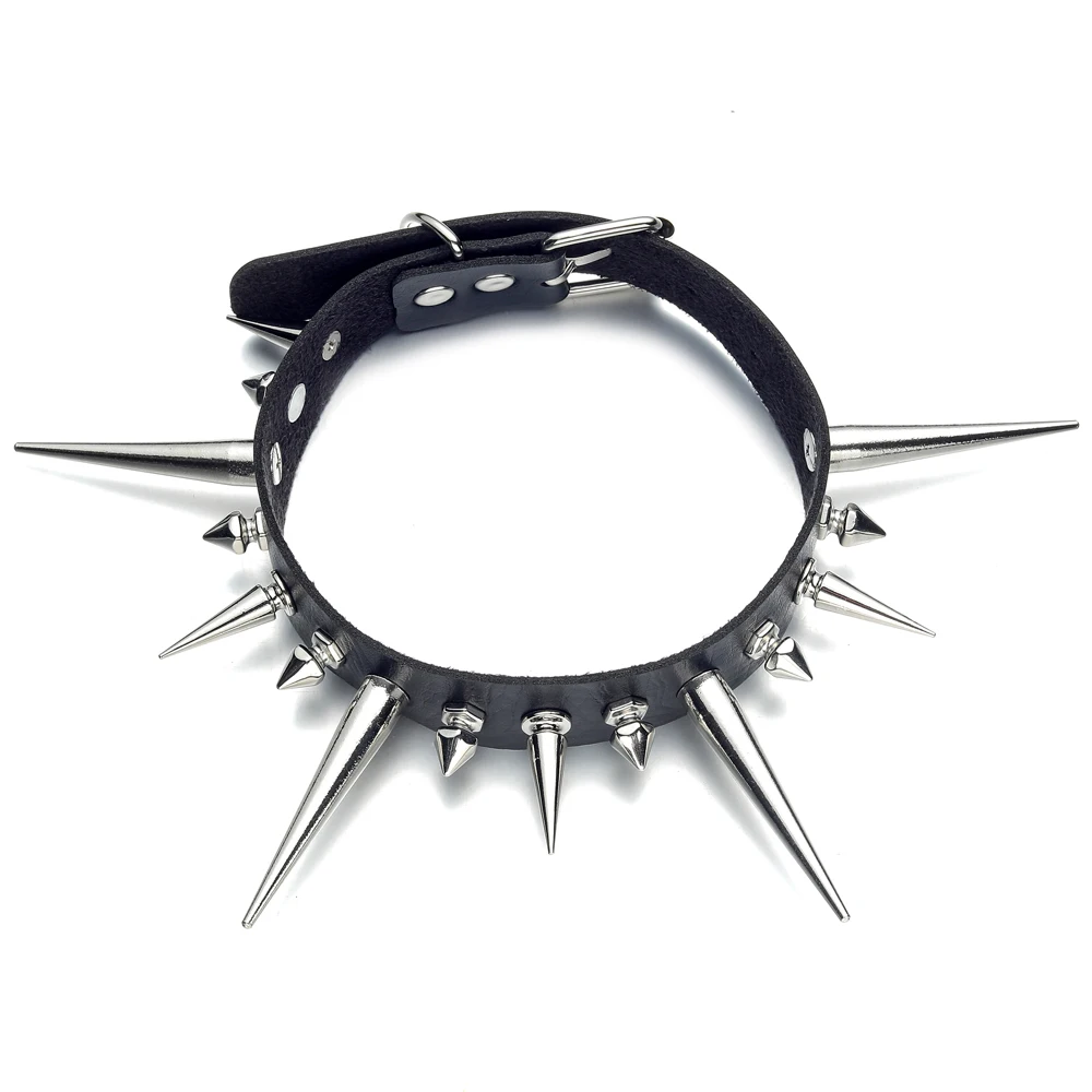 Long Spike Choker Punk Faux Leather Collar For Women Men Cool Big Rivets  Studded Chocker Goth Style Necklace  Accessories
