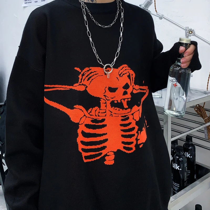 

Harajuku Loose Sweater Women'S Gothic Punk Skull Pattern Oversized Sweater Long Sleeve Women Streetwear Knitted Sweater