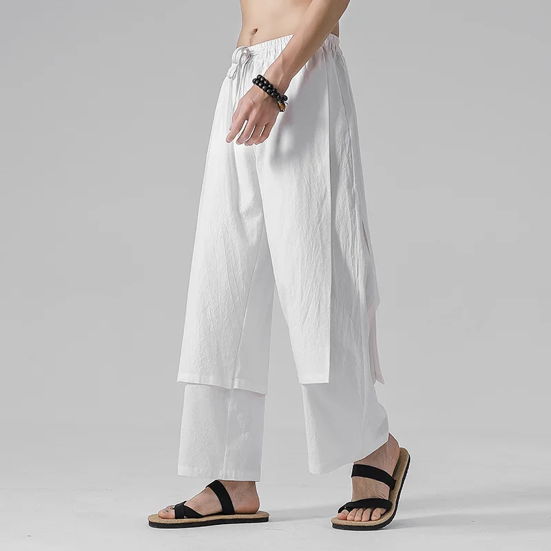 

2021 Spring Summer Men Japanese Style Linen Hanfu Casual Pants Man Solid Color Wide Leg Double Trousers Loose Fitting Culottes